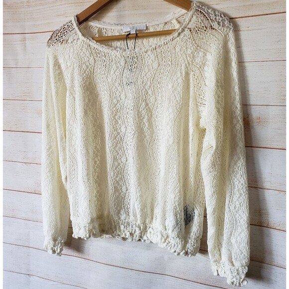 7 For All Mankind Stretchy Lace Round Neck Long Sleeve Top/Blouse Ivory Cream - Picture 2 of 9